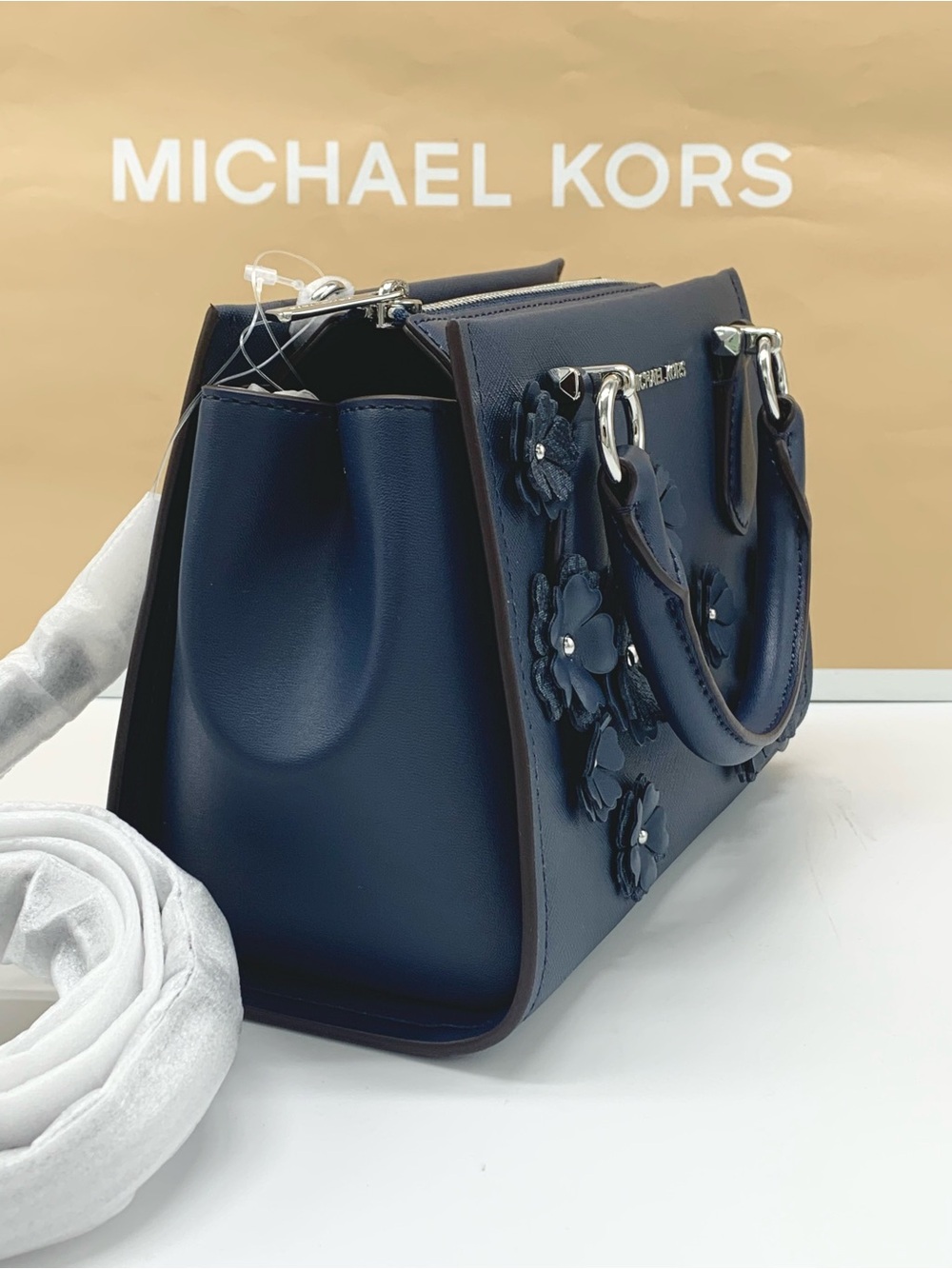 Michael Kors Marilyn Navy Floral Applique Satchel - Picture 5 of 15
